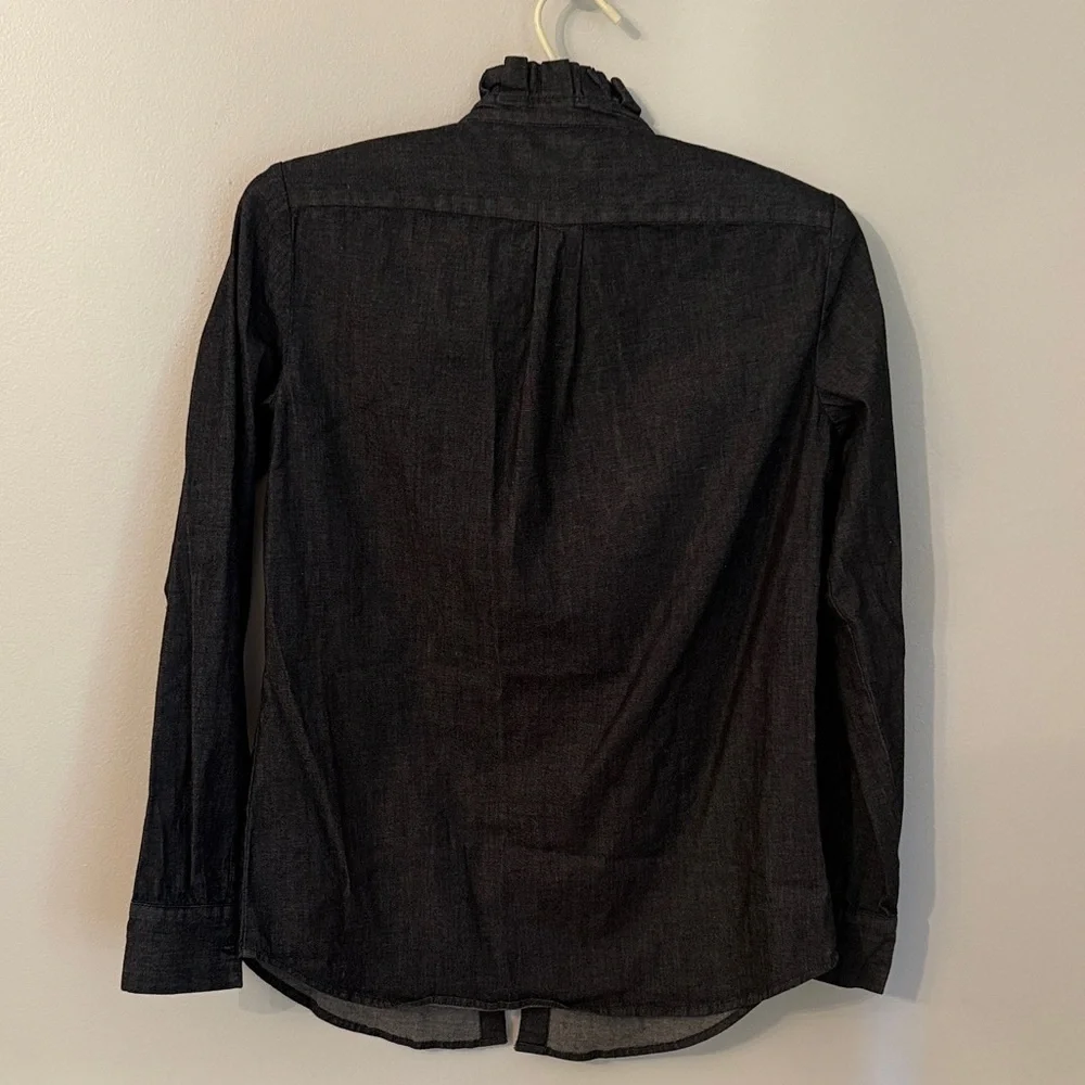 Banana Republic Shirt Denim Dark Blue Dillon Long Sleeve XS Ruffle Neck
